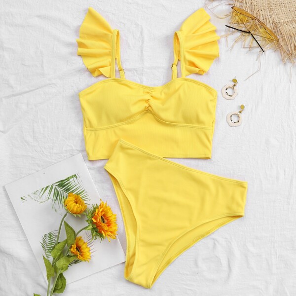 

Rib Ruffle Trim Ruched Bikini Swimsuit, Yellow