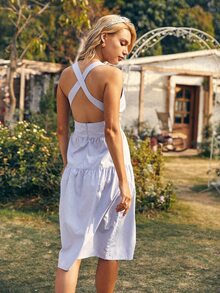 十字交叉露背A字連衣裙 - 霧霾藍 - 查看 2