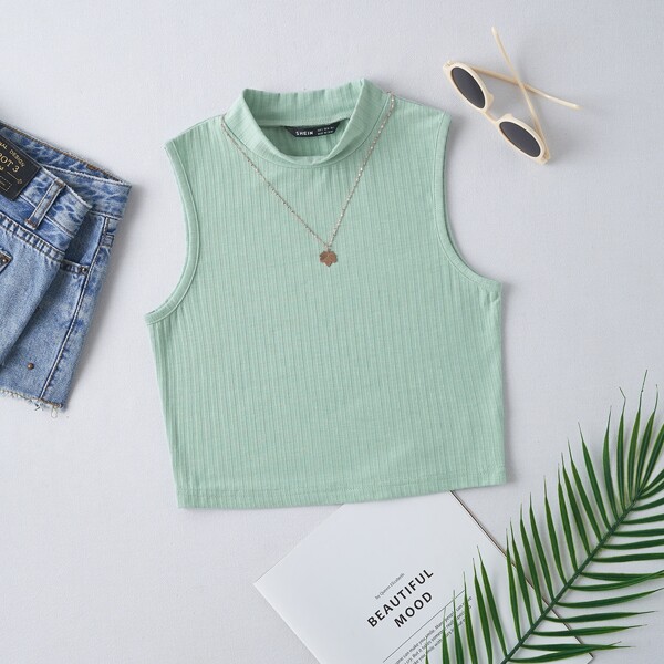 

Solid Mock Neck Crop Tank Top, Mint green