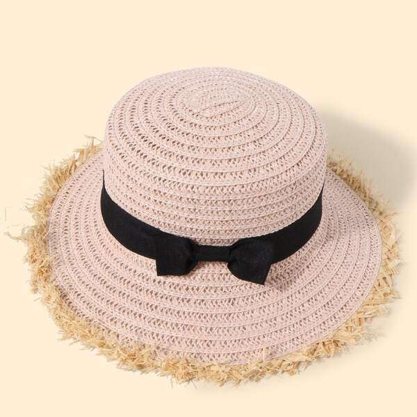 

Girls Bow Knot Decor Straw Hat, Baby pink