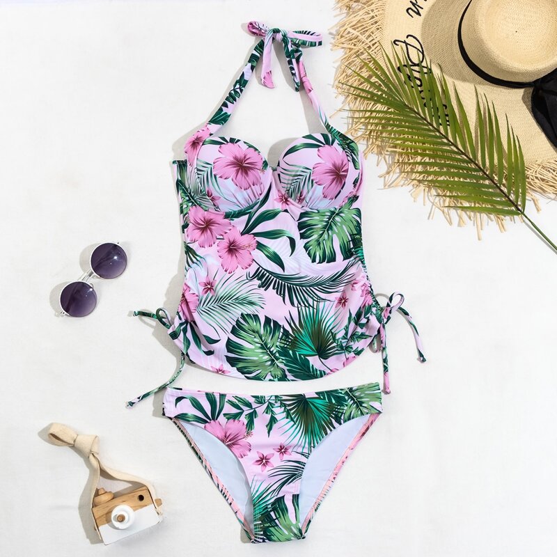 

Floral & Tropical Push Up Halter Bikini Swimsuit, Multicolor