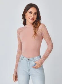 SHEIN Lace Sleeve Fitted Top - Dusty Pink - View 1