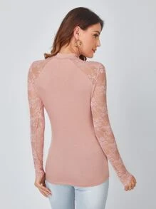 SHEIN Lace Sleeve Fitted Top - Dusty Pink - View 2