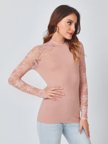 SHEIN Lace Sleeve Fitted Top - Dusty Pink - View 3