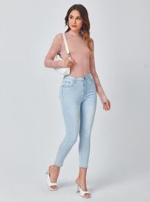 SHEIN Lace Sleeve Fitted Top - Dusty Pink - View 4