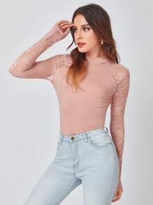 SHEIN Lace Sleeve Fitted Top - Dusty Pink - View 5