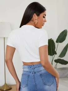 SHEIN EZwear 小高領短版T恤 - 白色 - 查看 2