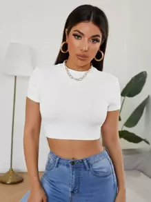 SHEIN EZwear 小高領短版T恤 - 白色 - 查看 3