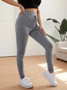 SHEIN EZwear 高腰抽繩緊身褲 - 淺灰色 - 查看 3