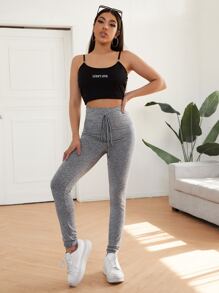 SHEIN EZwear 高腰抽繩緊身褲 - 淺灰色 - 查看 5