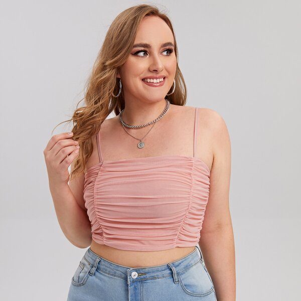 

Plus Ruched Mesh Cropped Cami Top, Baby pink