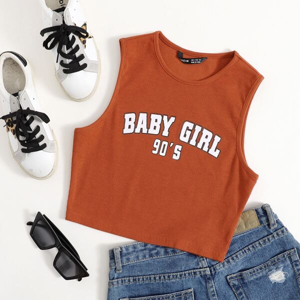 

Letter Graphic Rib-knit Crop Tank Top, Burnt orange
