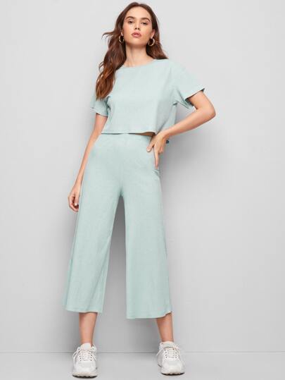 Mulvari Drop Shoulder Rib-knit Top & Capris Trousers Set