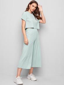 Mulvari 落肩羅紋針織上衣和中長褲子套裝 - 薄荷綠 - 查看 4