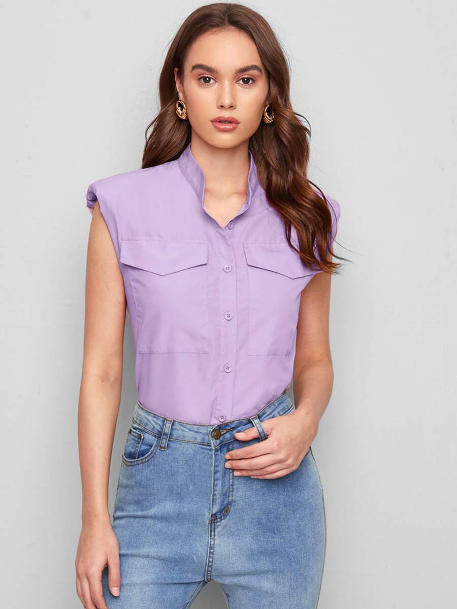 SHEIN Camisa unicolor con bolsillo con solapa de hombros con almohadilla - Lila Púrpura - Ver 1