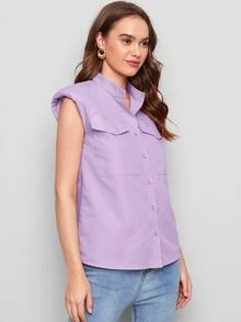 SHEIN Camisa unicolor con bolsillo con solapa de hombros con almohadilla - Lila Púrpura - Ver 3