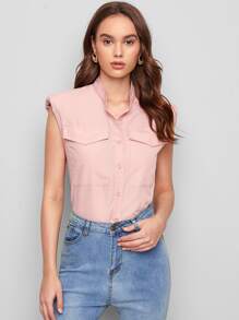SHEIN Padded Shoulder Flap Pocket Solid Blouse - Baby Pink - View 1