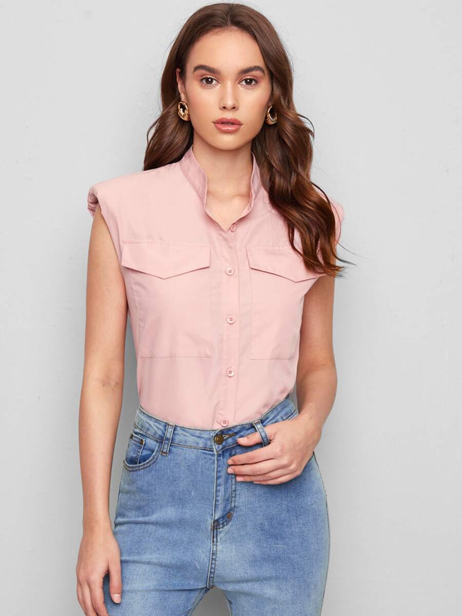 SHEIN Padded Shoulder Flap Pocket Solid Blouse - Baby Pink - View 1