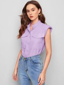 SHEIN Camisa unicolor con bolsillo con solapa de hombros con almohadilla - Lila Púrpura - Ver 4