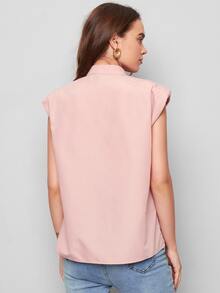 SHEIN Padded Shoulder Flap Pocket Solid Blouse - Baby Pink - View 2