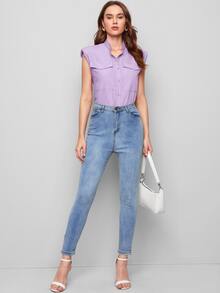 SHEIN Camisa unicolor con bolsillo con solapa de hombros con almohadilla - Lila Púrpura - Ver 5