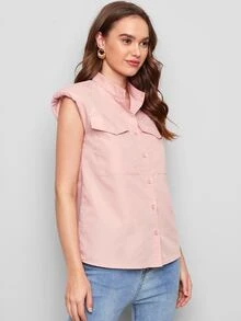 SHEIN Padded Shoulder Flap Pocket Solid Blouse - Baby Pink - View 3