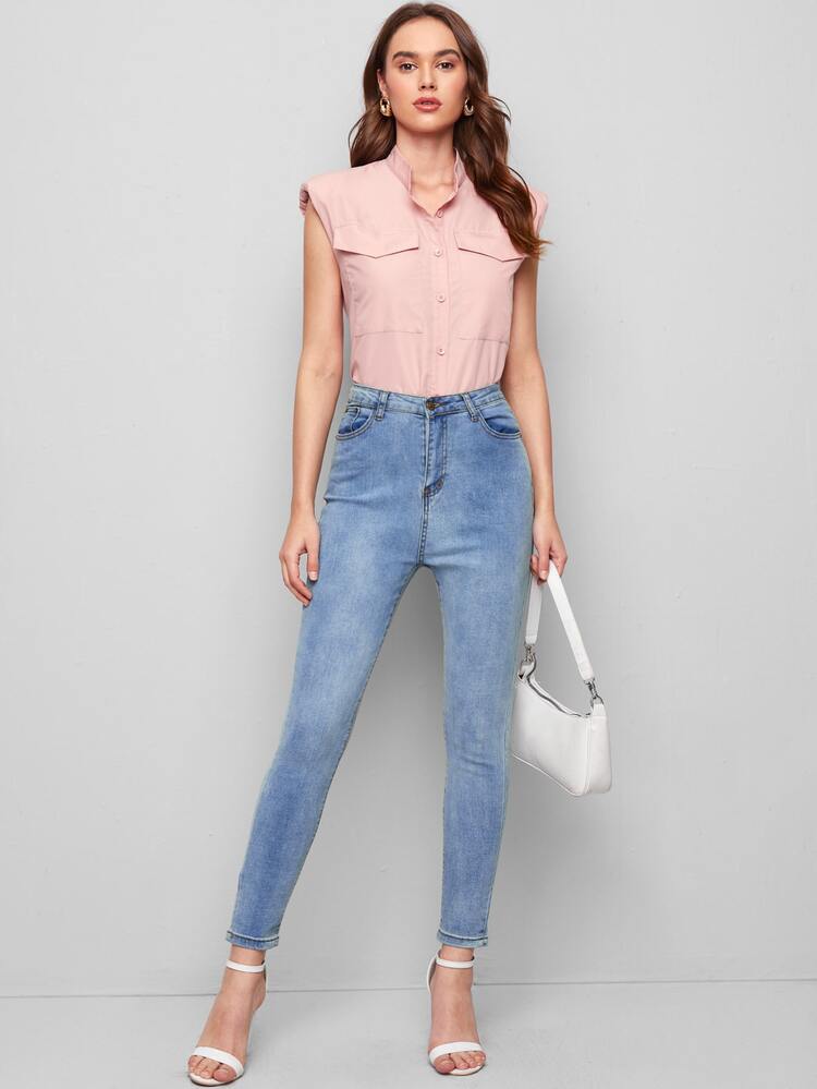 SHEIN Padded Shoulder Flap Pocket Solid Blouse - Baby Pink - View 4