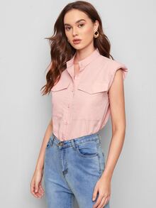 SHEIN Padded Shoulder Flap Pocket Solid Blouse - Baby Pink - View 5