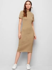Mulvari Mock Neck Slit Back Bodycon Dress - Khaki - View 1