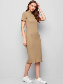 Mulvari Mock Neck Slit Back Bodycon Dress - Khaki - View 3