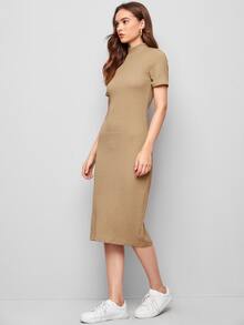 Mulvari Mock Neck Slit Back Bodycon Dress - Khaki - View 4
