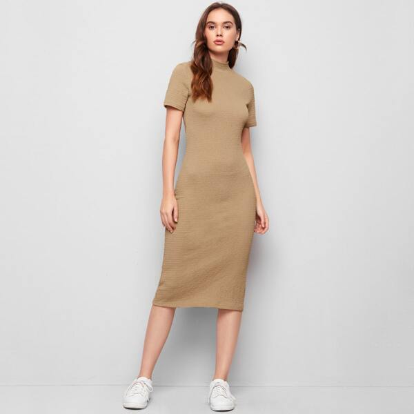 

Mock Neck Slit Back Bodycon Dress, Khaki