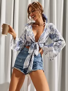 Knot Front Bell Sleeve Tie Dye Top - Blue and White - View 1