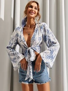 Knot Front Bell Sleeve Tie Dye Top - Blue and White - View 3
