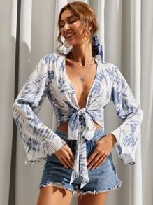 Knot Front Bell Sleeve Tie Dye Top - Blue and White - View 5