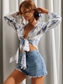 Knot Front Bell Sleeve Tie Dye Top - Blue and White - View 6