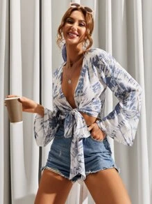 Knot Front Bell Sleeve Tie Dye Top - Blue and White - View 7
