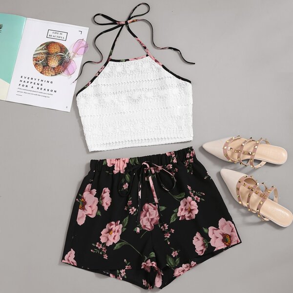 

Lace Crop Halter Top & Floral Shorts, Multicolor