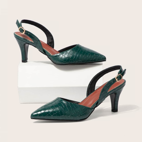 

Croc Embossed Mid Heeled Slingback Pumps, Dark green