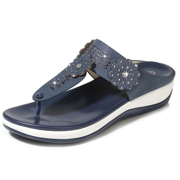 

Rhinestone & Flower Detail Thong Sandals, Blue