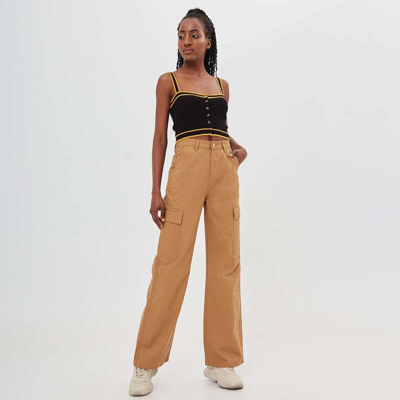 

High Waisted Slant Pocket Cargo Jeans, Camel