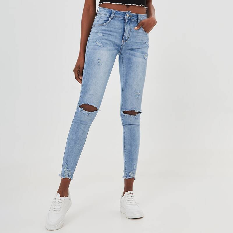 

High Stretch Ripped Raw Hem Skinny Jeans, Light wash