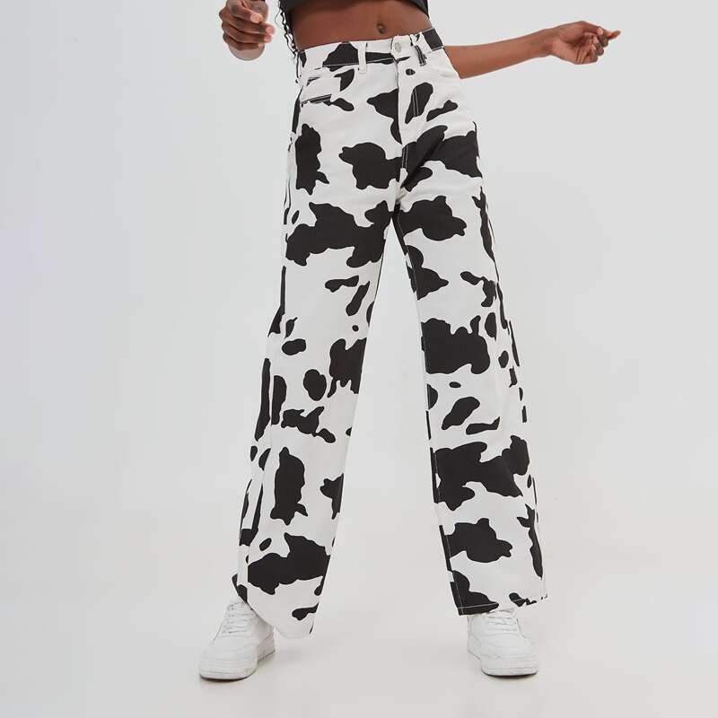

Cow Print Wide Leg Jeans, Black and white