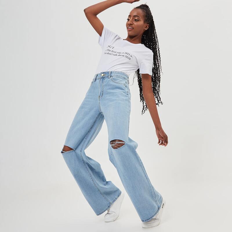 

High Waist Ripped Wide Leg Jeans, Light wash