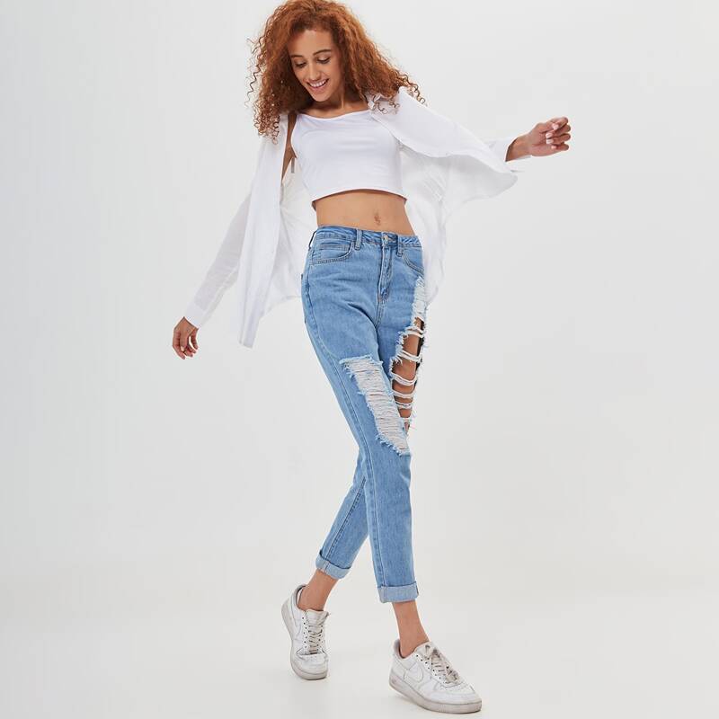

High Waist Roll Hem Ripped Skinny Jeans, Light wash