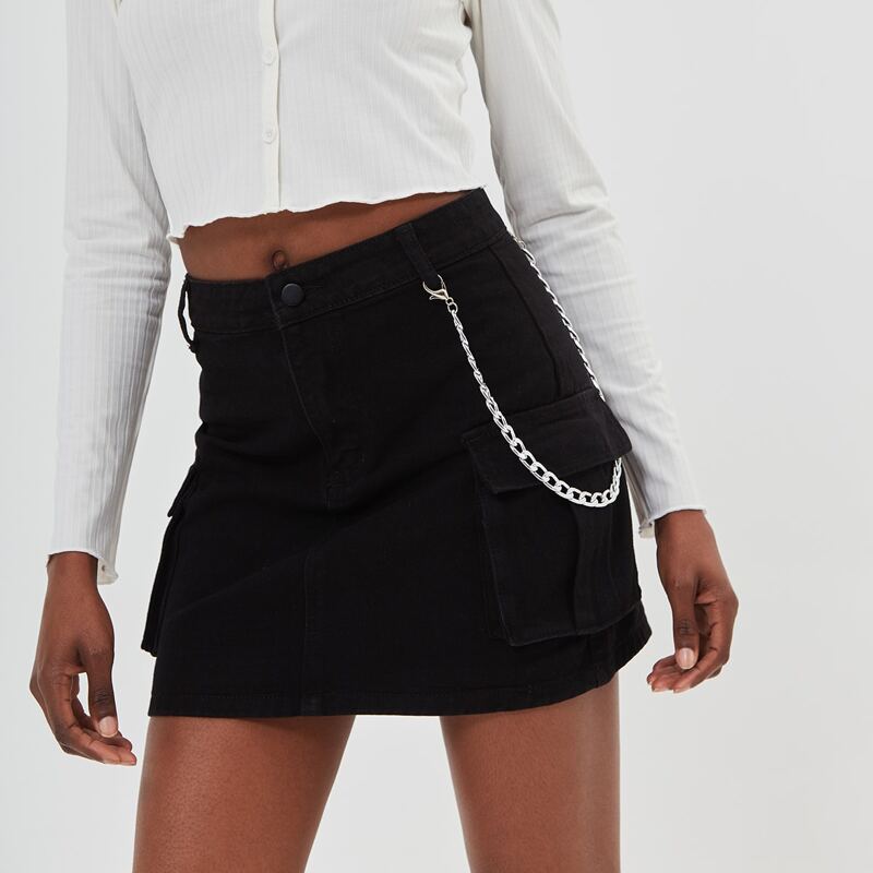 

Wallet-Chain Cargo Denim Skirt, Black
