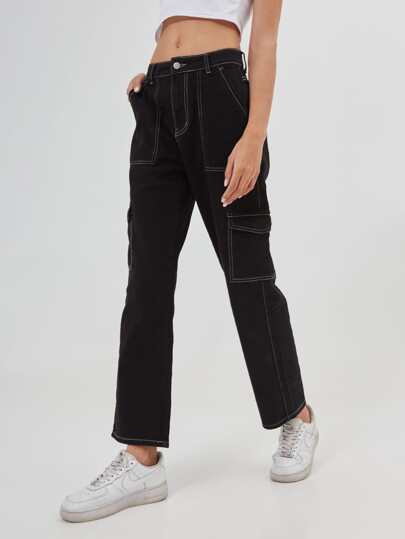 Jean cargo taille haute à piqûre avec poches