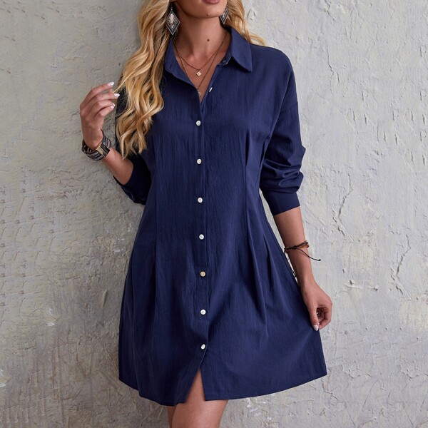 

Solid Button Up Shirt Dress, Navy blue