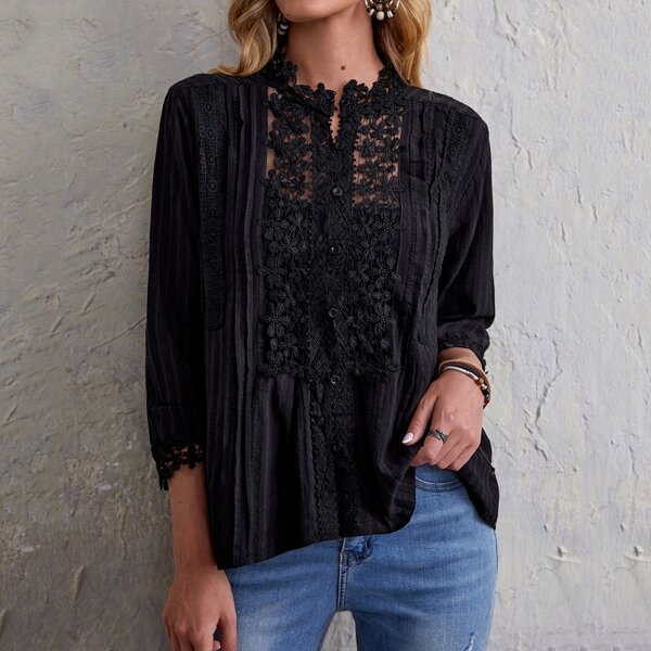 

Contrast Lace Button Front Blouse, Black