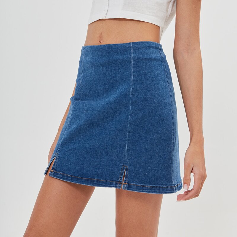 

Split Hem Denim Skirt, Medium wash